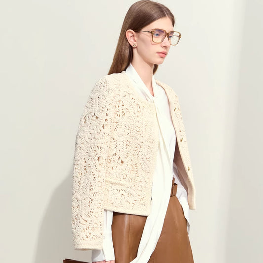 Women’s Light Apricot Cotton Crocheted Round Neck Coat