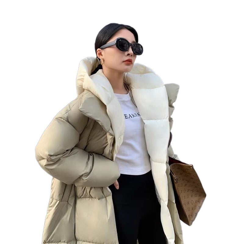 Women’s Loose White Duck Down Long Hooded Jacket