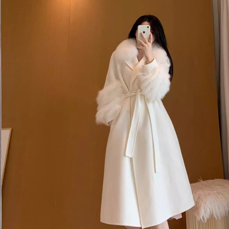 White Medium-Long Woolen Coat for Women, Classic & Elegant
