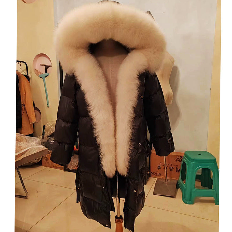 Slim Black Duck Down Jacket with Real Fox Fur Collar