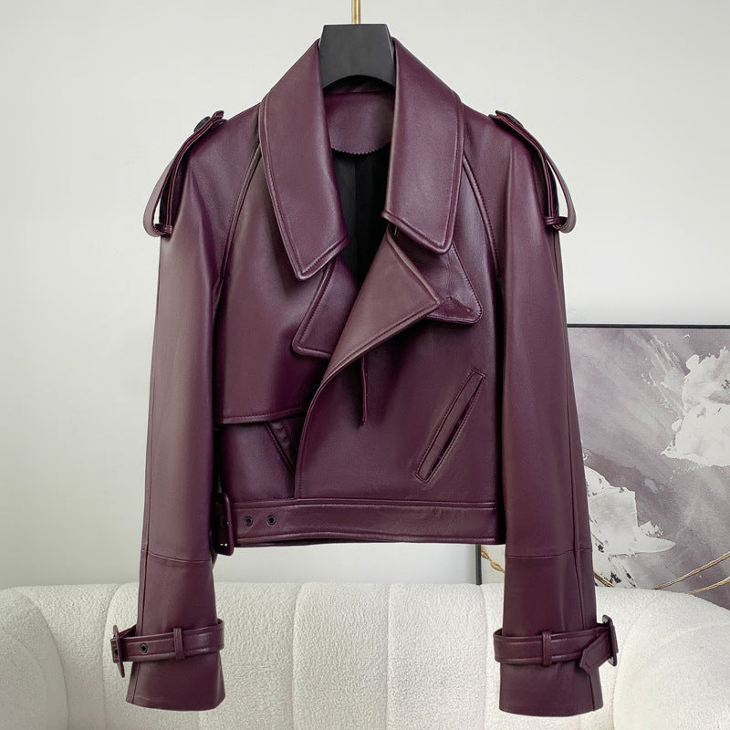 Women’s Loose Sheepskin Leather Jacket, Purplish Red & Black