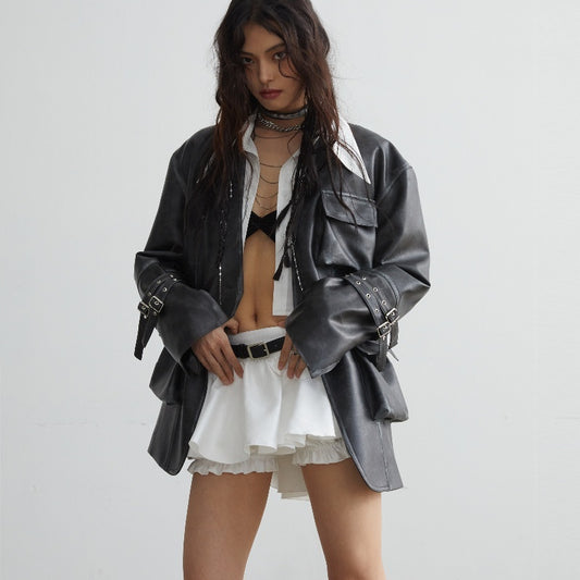 Retro Faux Leather Jacket with Wide Shoulder & Pockets