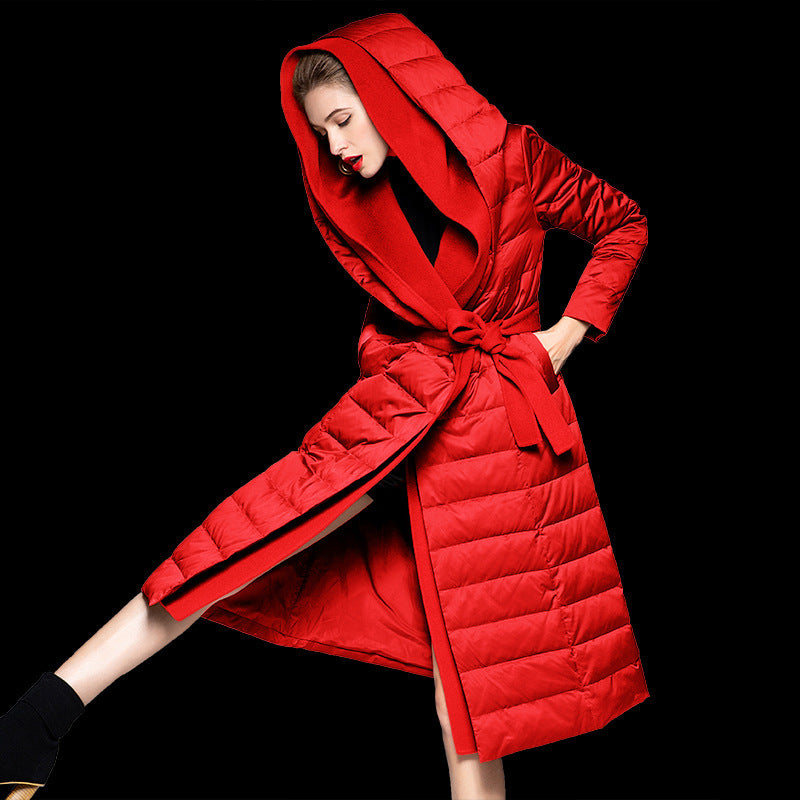 Women’s Medium-Long Patchwork Hooded Down Jacket