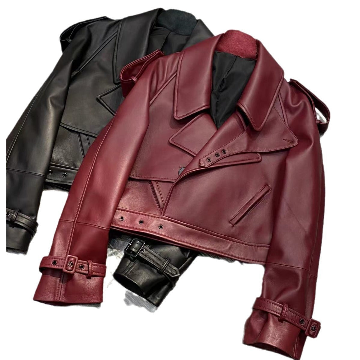 Women’s Loose Sheepskin Leather Jacket, Purplish Red & Black