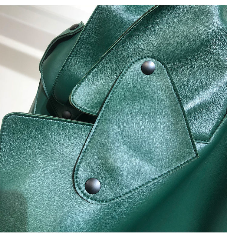 Female Sheepskin Loose Biker Jacket - Black & Green