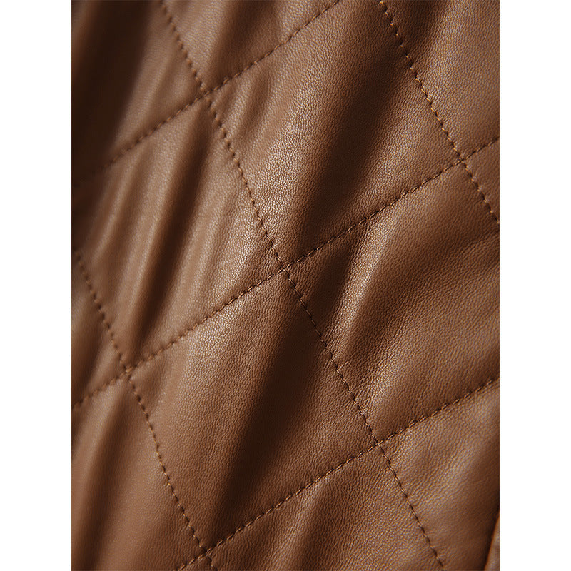 Women’s Rhombus Plaid Sheepskin Coat – Black & Caramel