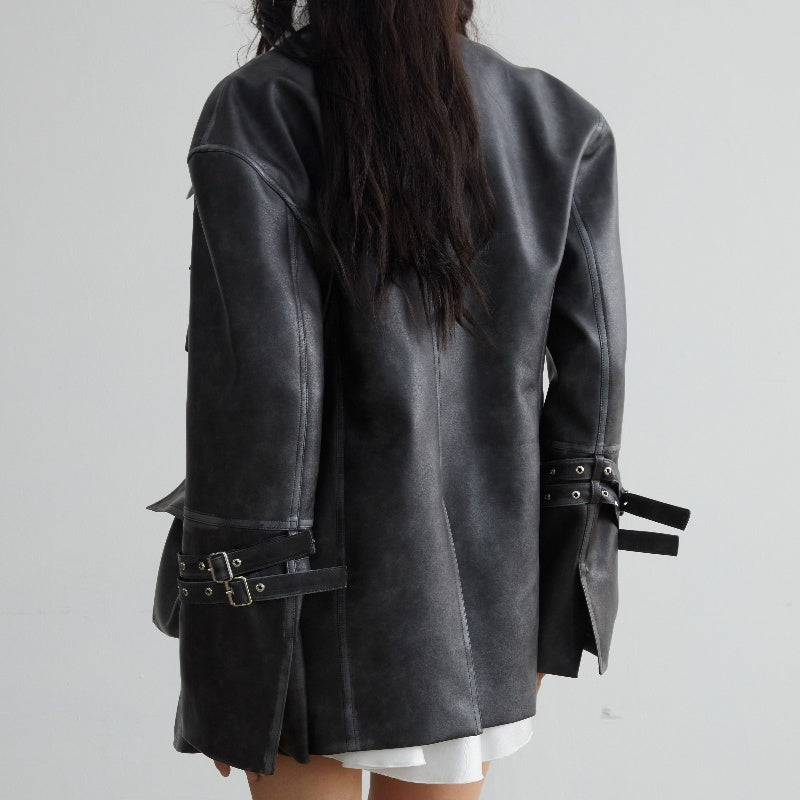Retro Faux Leather Jacket with Wide Shoulder & Pockets