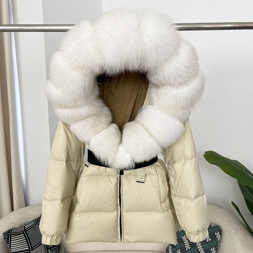 Oversized Fox Fur Collar Duck Down Jacket - Brown