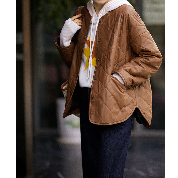 Women’s Rhombus Plaid Sheepskin Coat – Black & Caramel