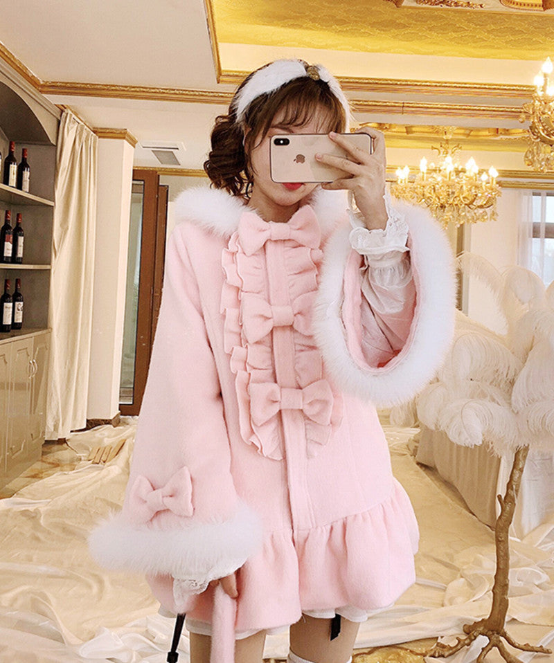 Women’s Pink Wool Coat with Fox Fur Collar, Mid Length
