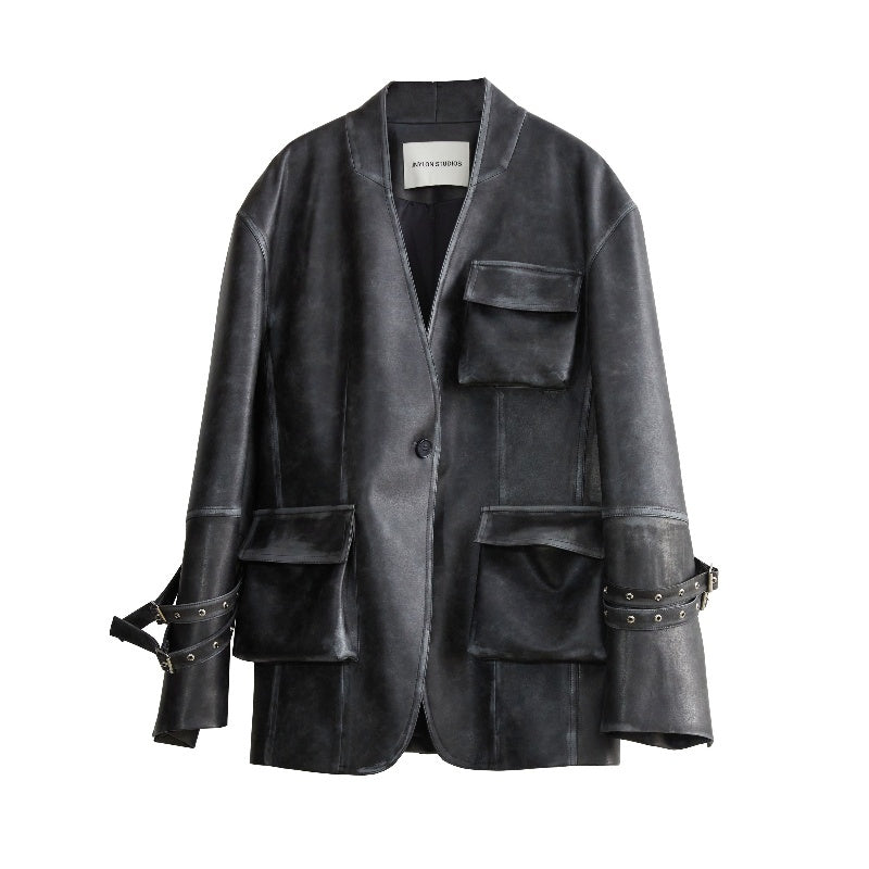 Retro Faux Leather Jacket with Wide Shoulder & Pockets
