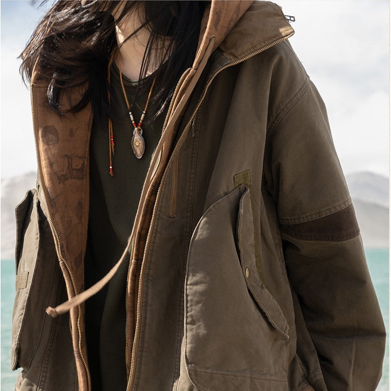 Loose Silhouette Washed Cotton Linen Warm Jacket