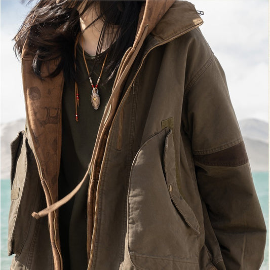 Loose Silhouette Washed Cotton Linen Warm Jacket