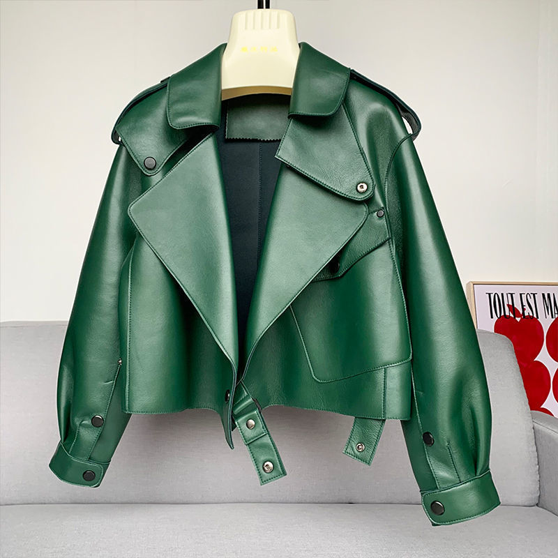 Female Sheepskin Loose Biker Jacket - Black & Green