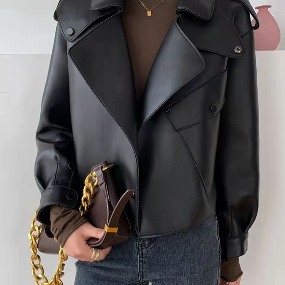 Female Sheepskin Loose Biker Jacket - Black & Green