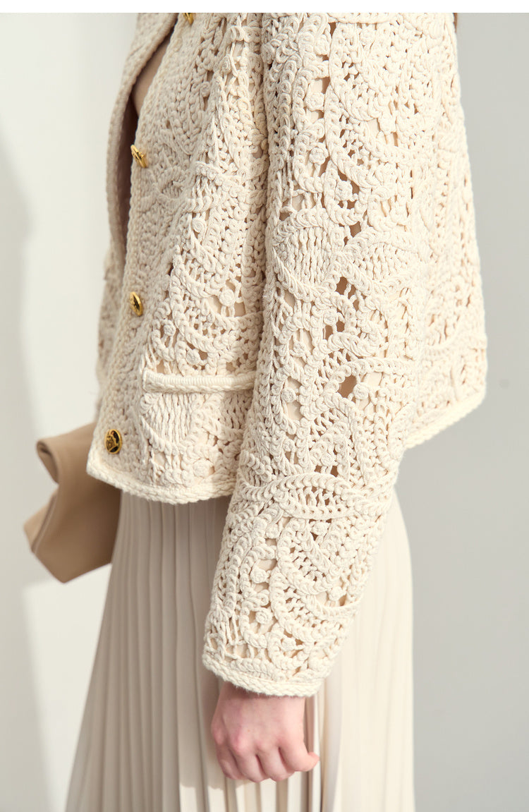 Women’s Light Apricot Cotton Crocheted Round Neck Coat