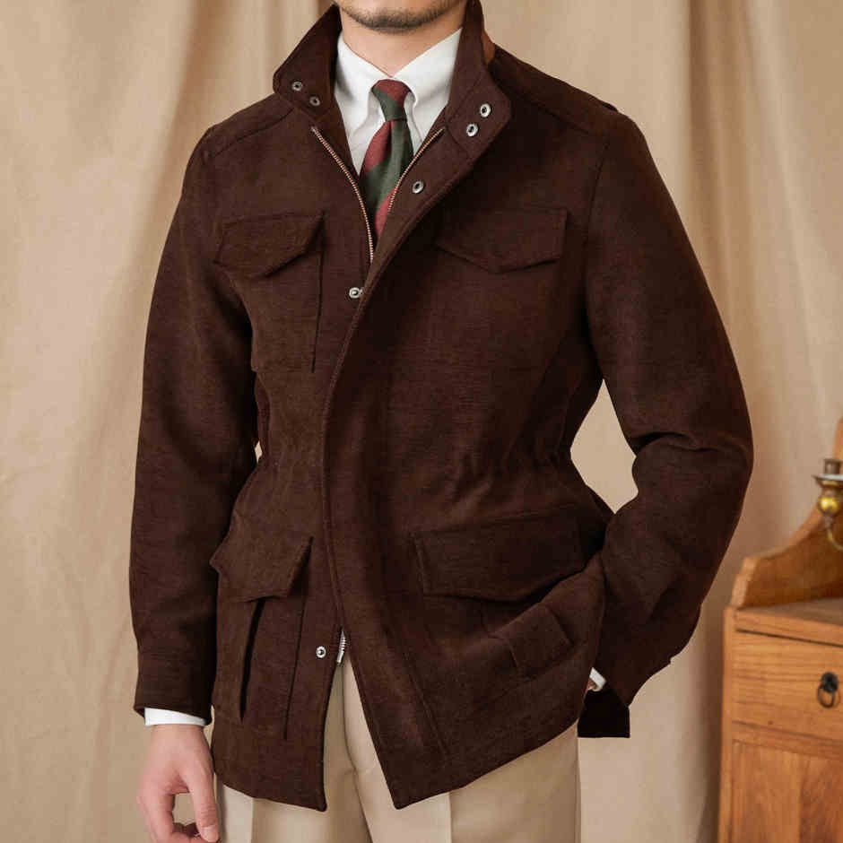 Men’s safari jacket-Stand Collar Multi-Pocket Coat with Elastic Waist
