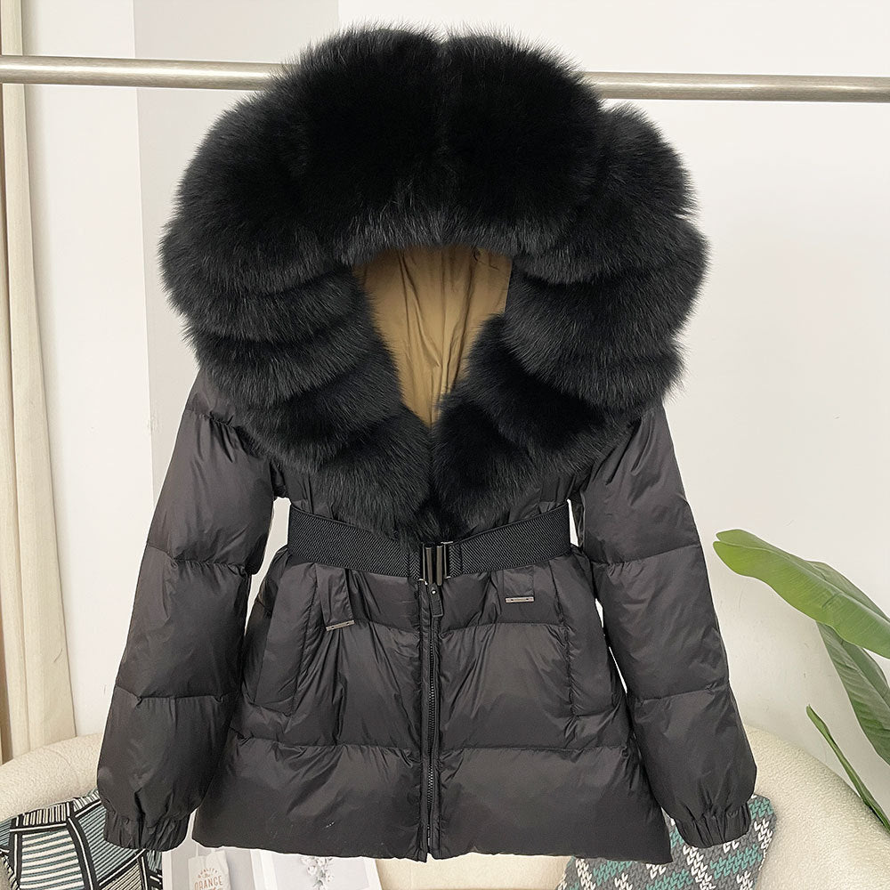Oversized Fox Fur Collar Duck Down Jacket - Brown