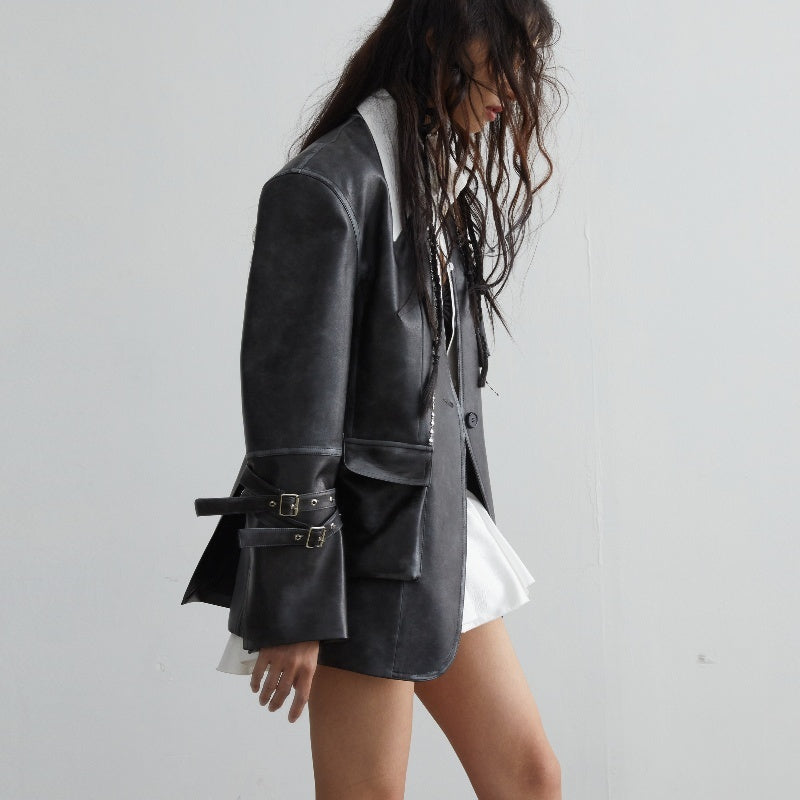 Retro Faux Leather Jacket with Wide Shoulder & Pockets
