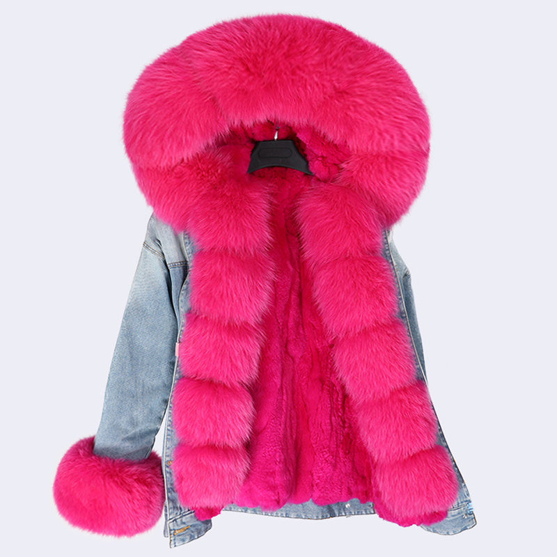 Detachable Rabbit Hair Lined Denim Jacket – Multi Color
