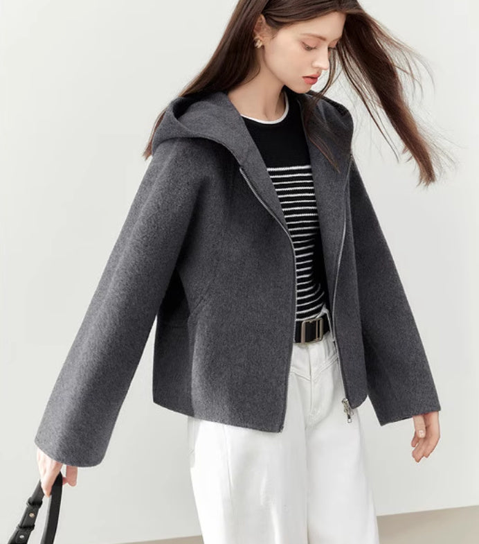 Women’s Gray Hooded Double-faced Wool Short Coat