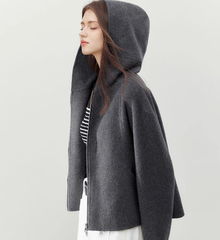 Women’s Gray Hooded Double-faced Wool Short Coat