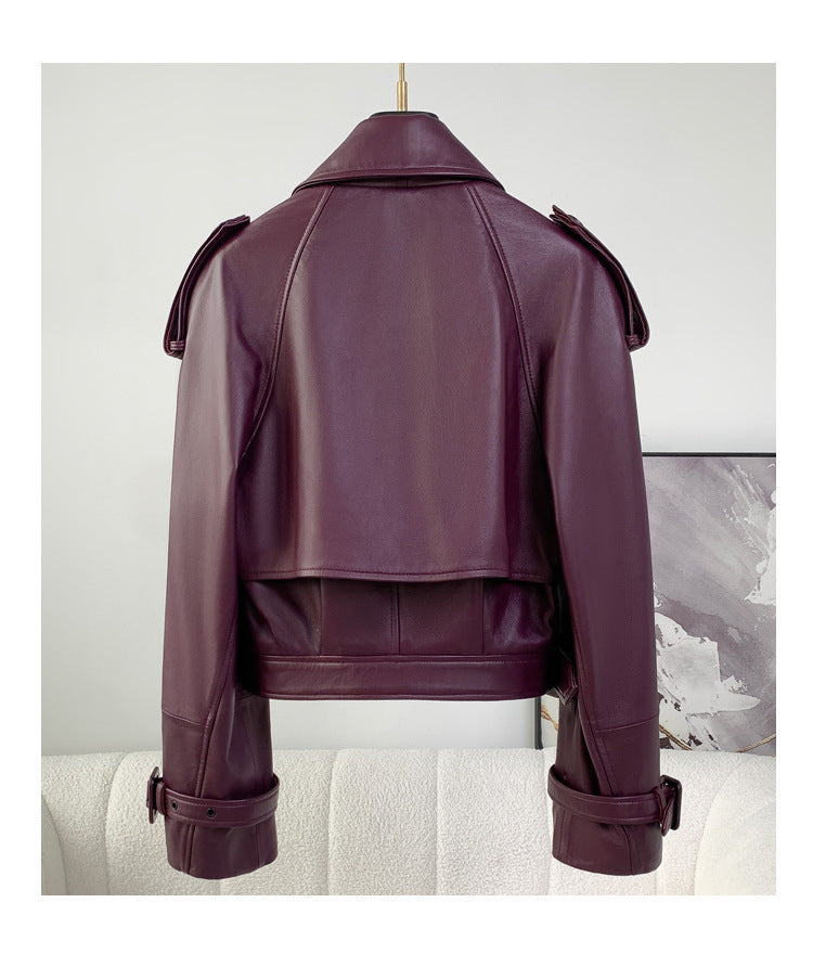 Women’s Loose Sheepskin Leather Jacket, Purplish Red & Black