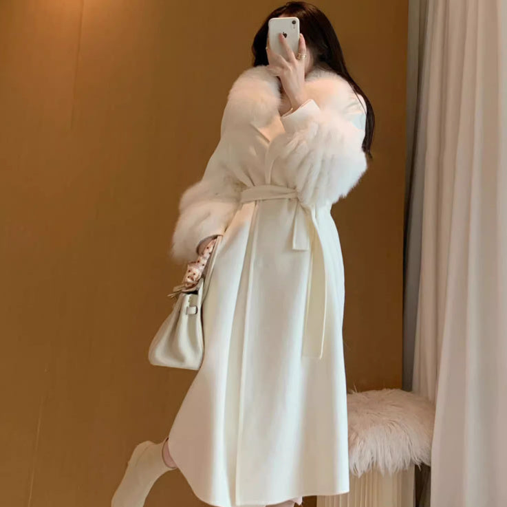 White Medium-Long Woolen Coat for Women, Classic & Elegant