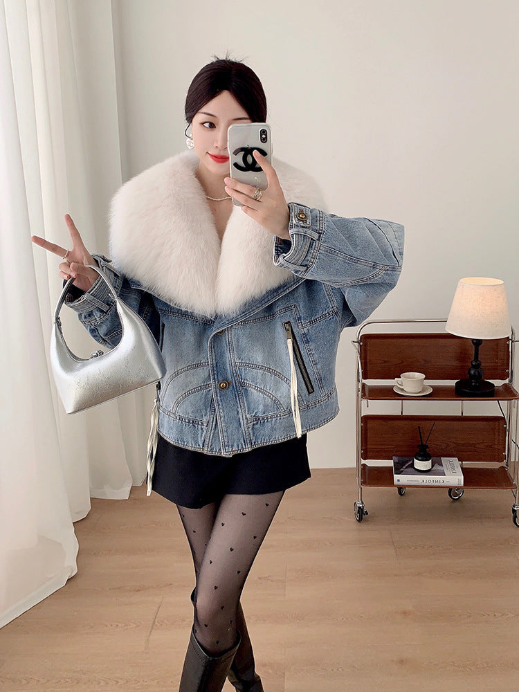 Women’s Short Denim Parka with Fox Fur & Goose Down