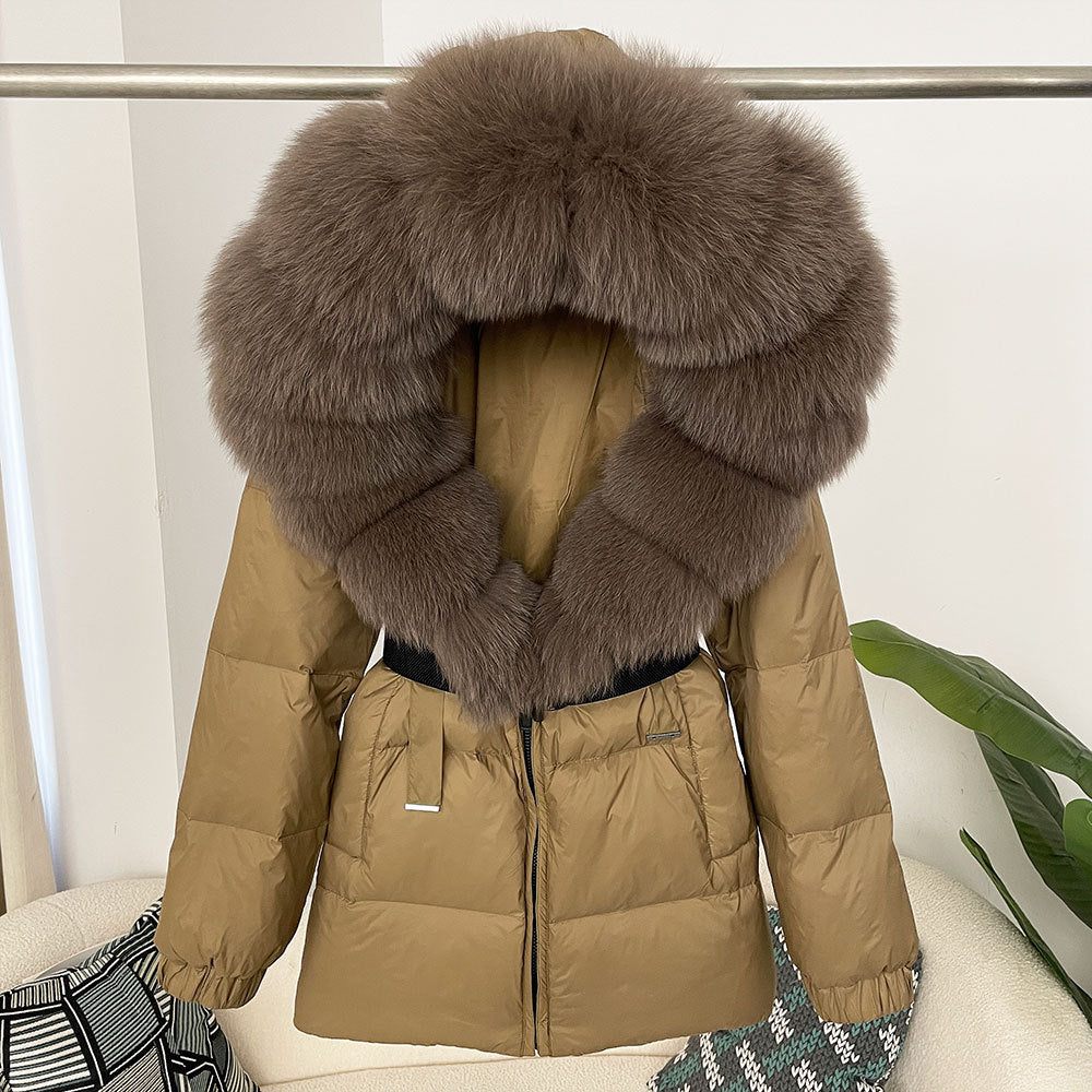 Oversized Fox Fur Collar Duck Down Jacket - Brown