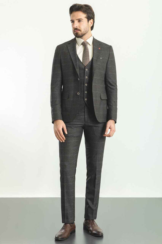 Dark Blue Windowpane Slim Fit Three-Piece Suit
