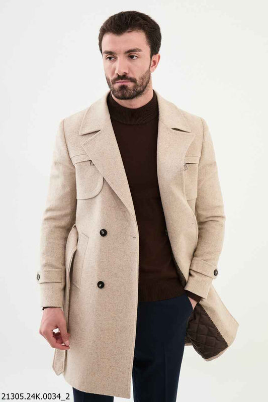 Beige Belted Wool Blend Coat