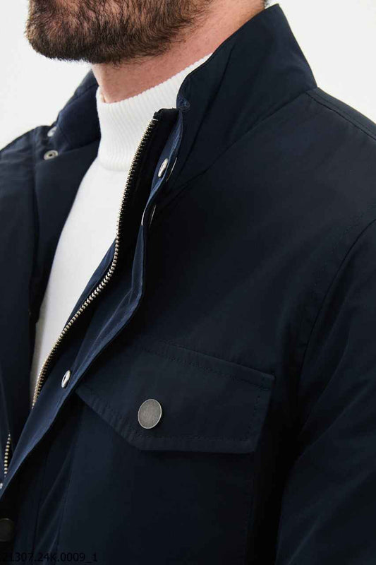 Navy Stand Collar Zip-Up Jacket