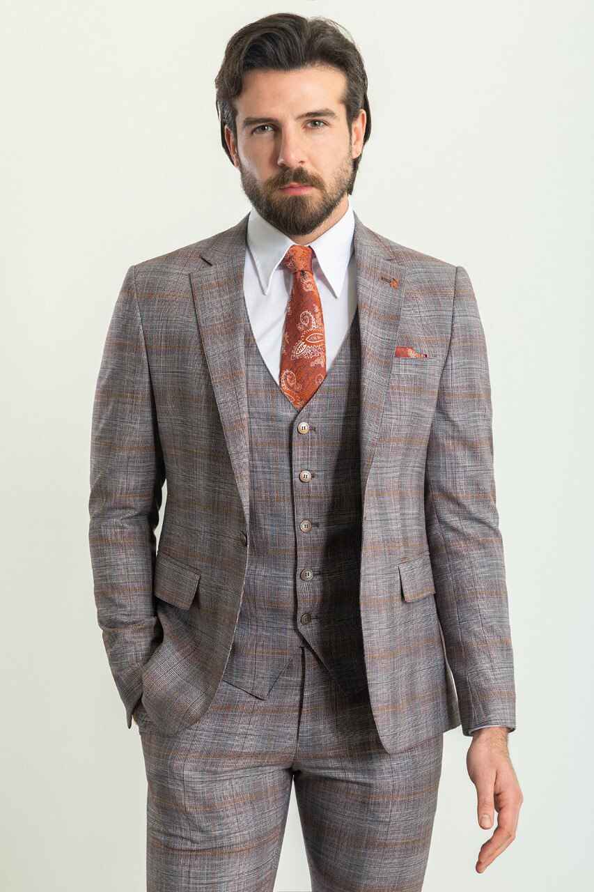 Grey & Orange Check Slim Fit Three-Piece Suit