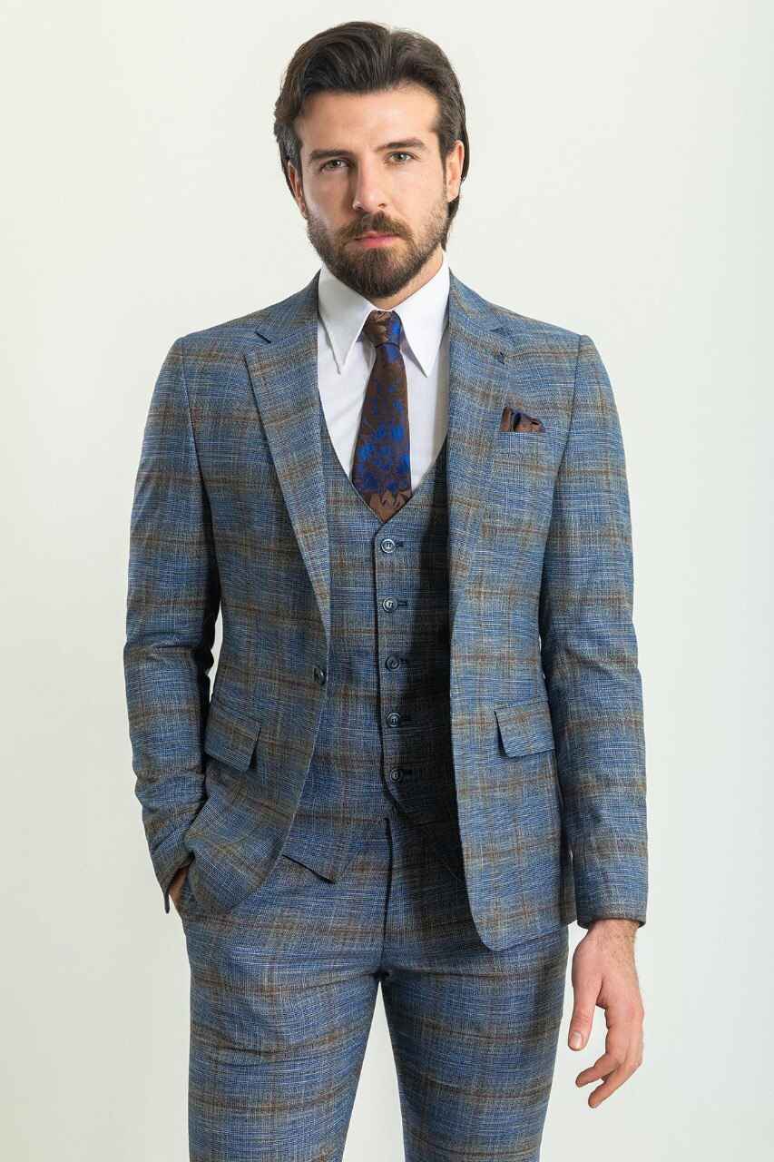 Navy & Gold Check Slim Fit Three-Piece Suit
