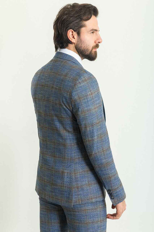 Navy & Gold Check Slim Fit Three-Piece Suit