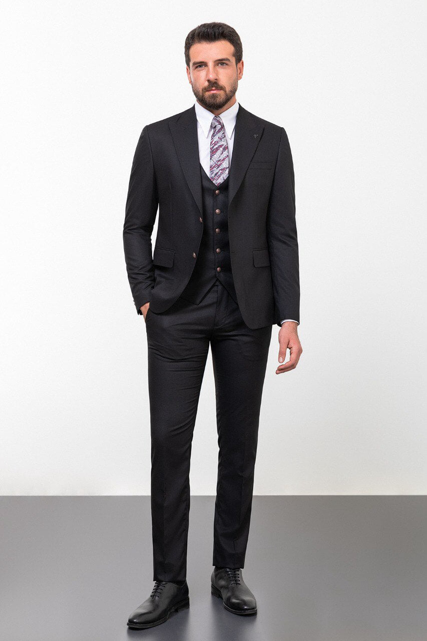 Black Textured Slim Fit Three-Piece Suit