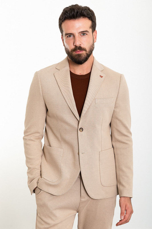 Beige Casual Textured Slim Fit Two-Piece Suit