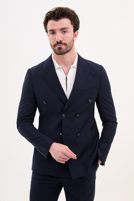 Navy Double-Breasted Casual Slim Fit Two-Piece Suit