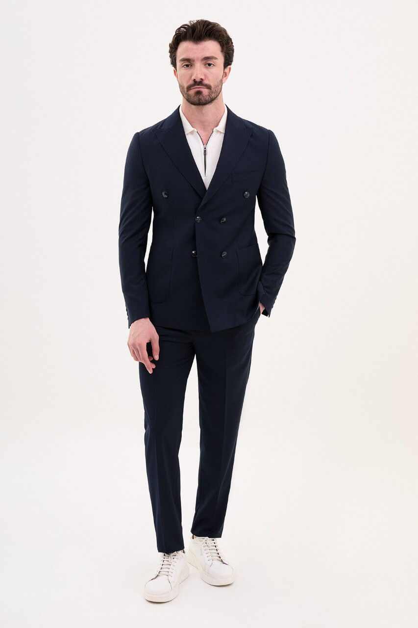Navy Double-Breasted Casual Slim Fit Two-Piece Suit