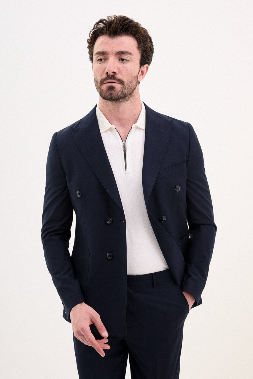 Navy Double-Breasted Casual Slim Fit Two-Piece Suit