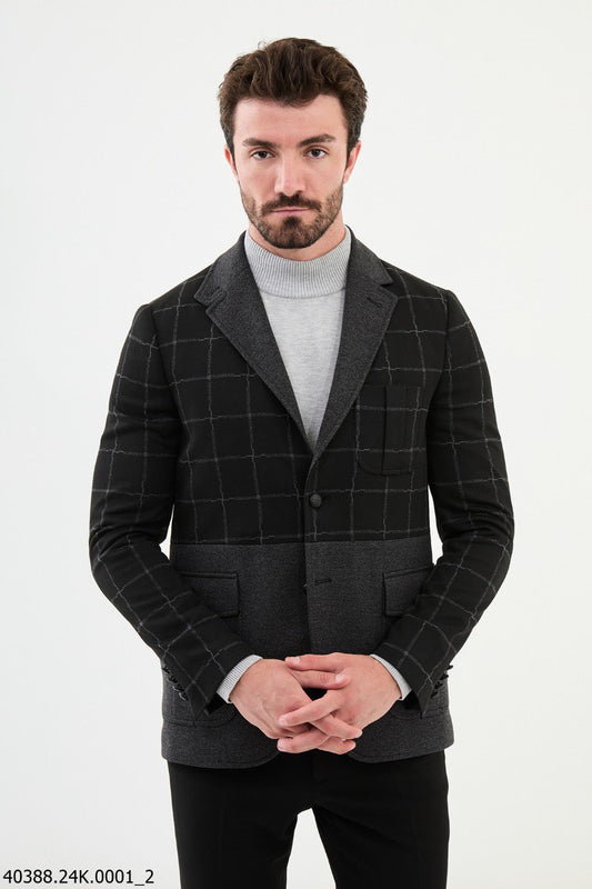 Black Block Pattern Slim Fit Casual Jacket