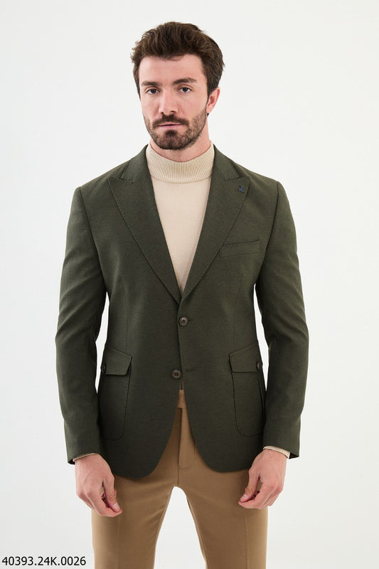 Green Two-Button Slim Fit Casual Jacket
