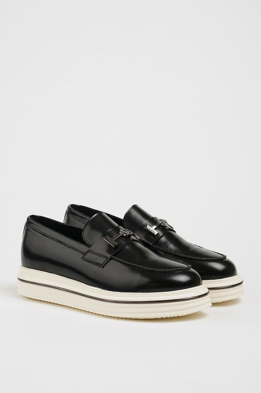Black Leather Buckle Loafers.