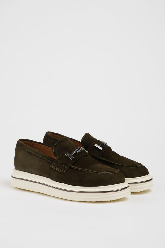 Khaki Nubuck Leather Buckle Loafers