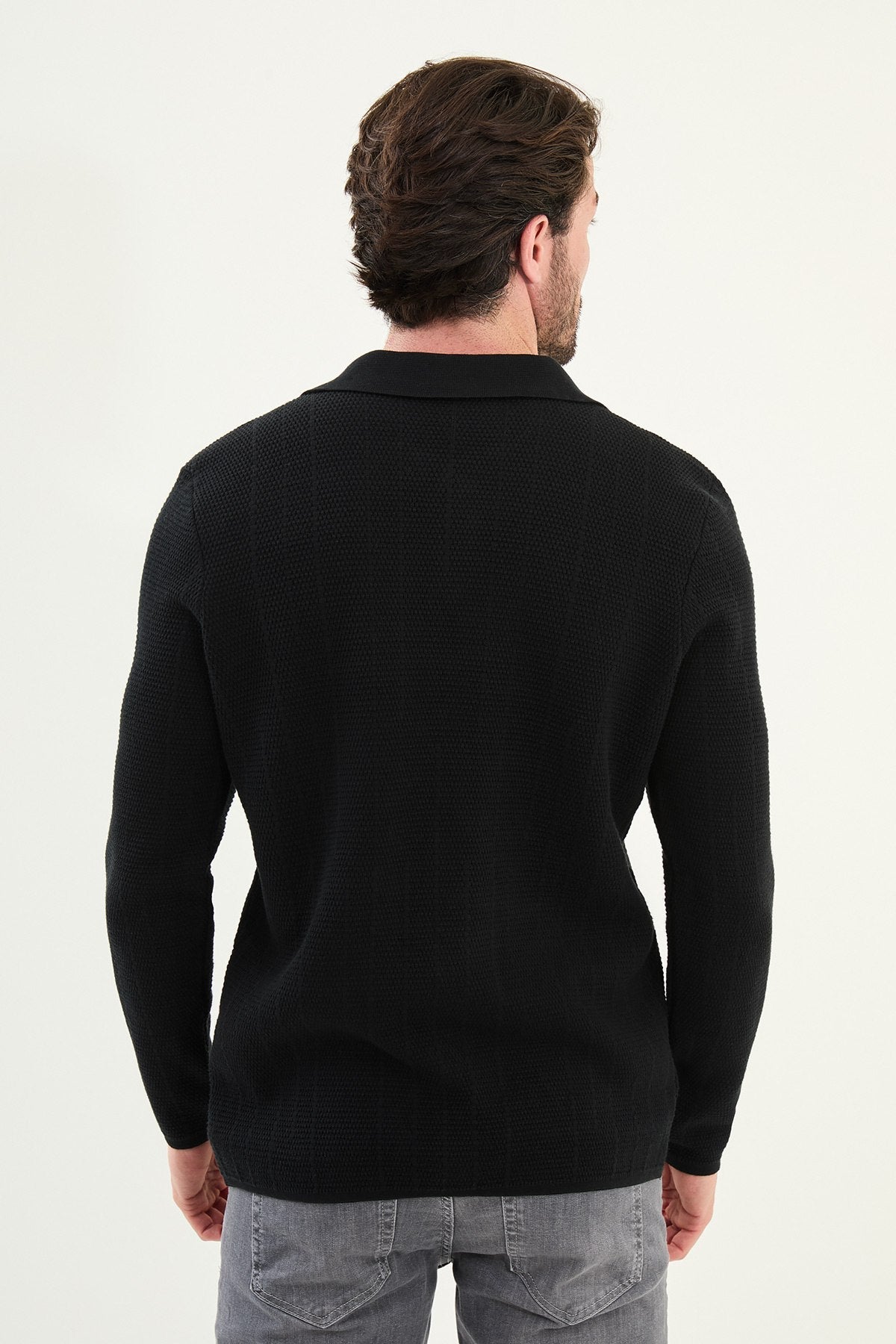 Textured Black Polo Cardigan