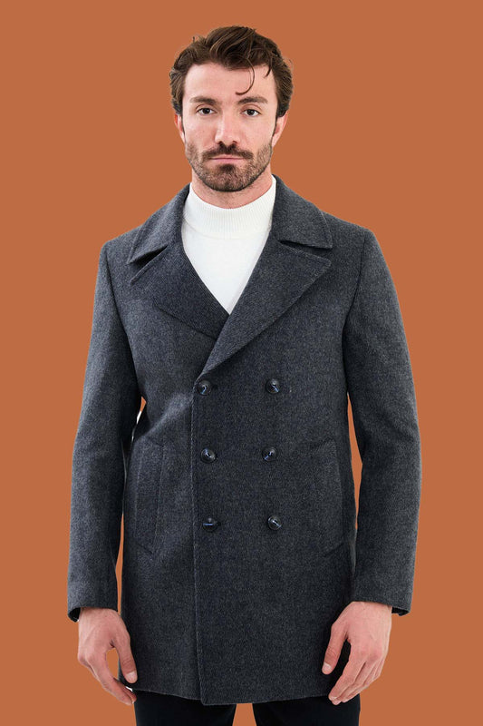 Men's Dark Gray Slim Fit Double Breasted Peacoat