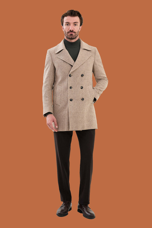 Men's Beige Slim Fit Herringbone Double Breasted Coat