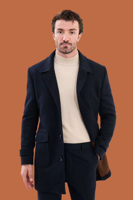 Men's Navy Slim Fit Single Breasted Overcoat
