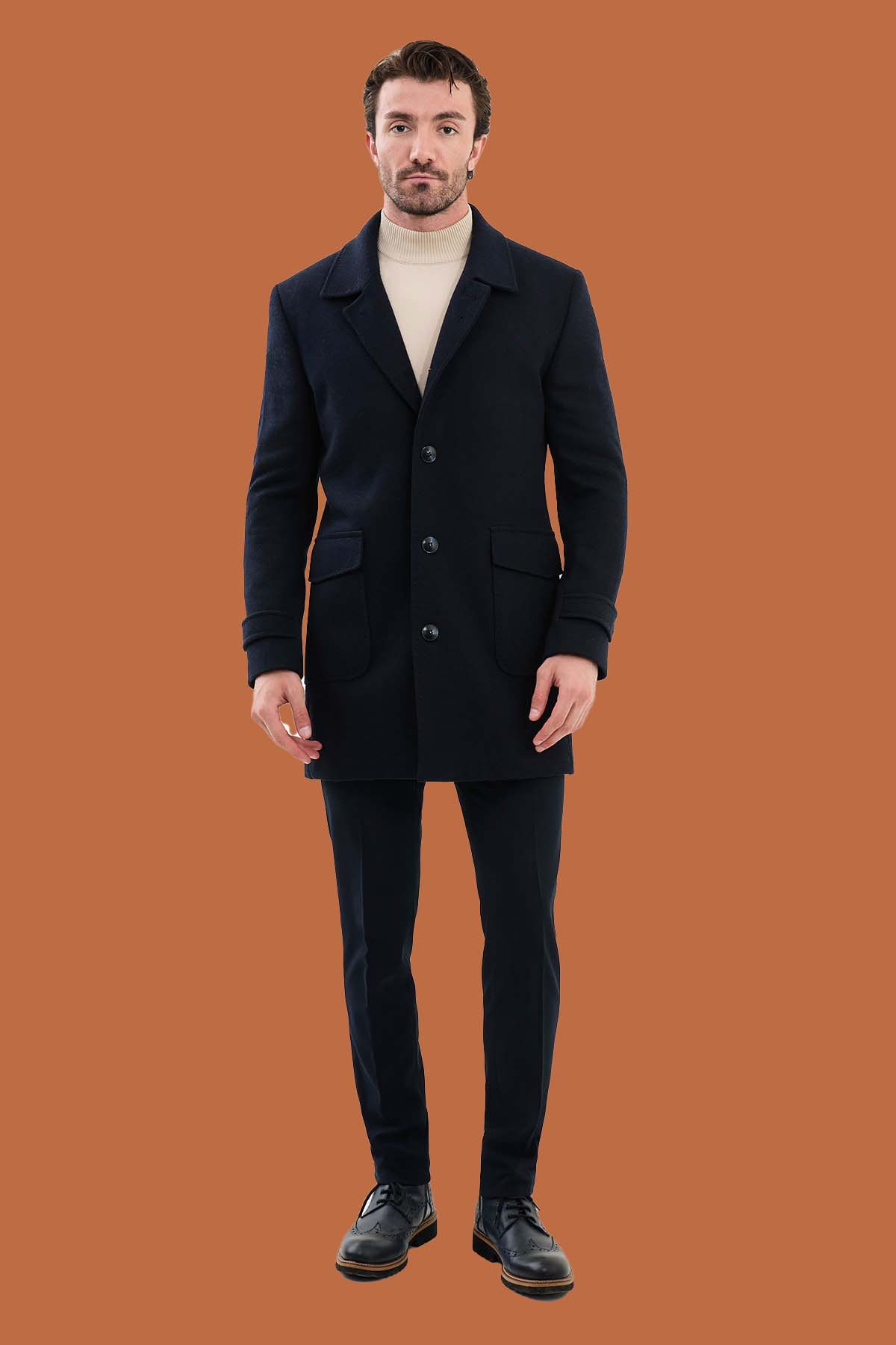 Men's Navy Slim Fit Single Breasted Overcoat